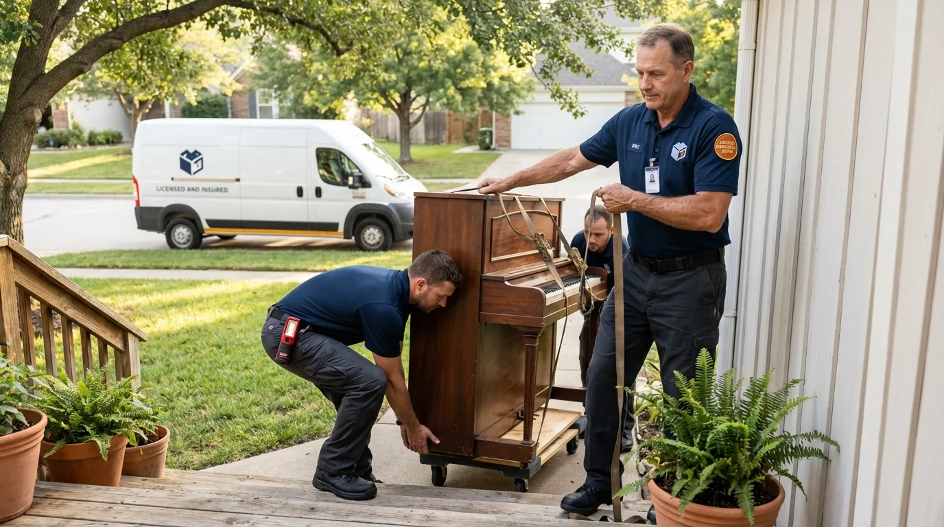 Licensed piano movers securing grand piano in Annandale, VA