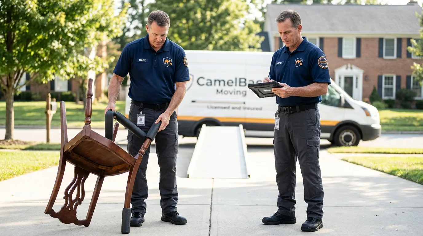 Movers inspecting furniture for damage prevention before loading in Annandale, VA